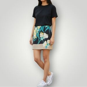 T Tahari Womens Floral Print Pencil Skirt 4 Black‎ Beige Hem Cotton Blend Lined
